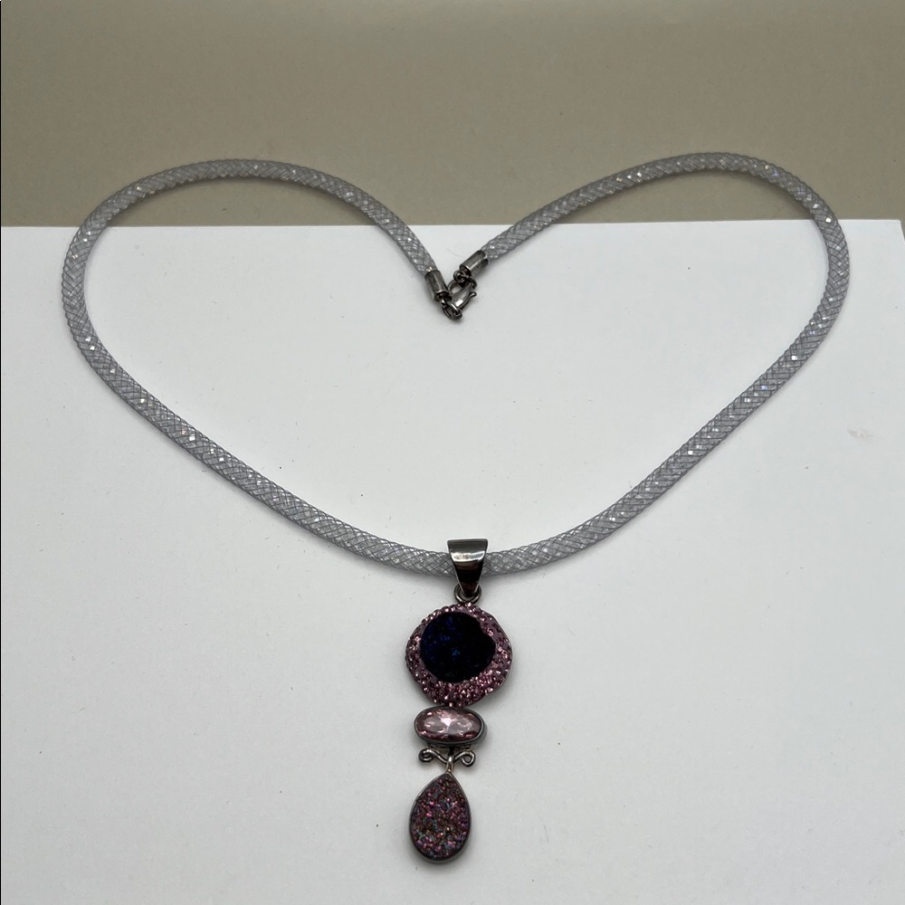 Elegant Drusy, Titanium & Rose Quartz Iridescent Crystal Mesh Tube Necklace NIB - Picture 8 of 17